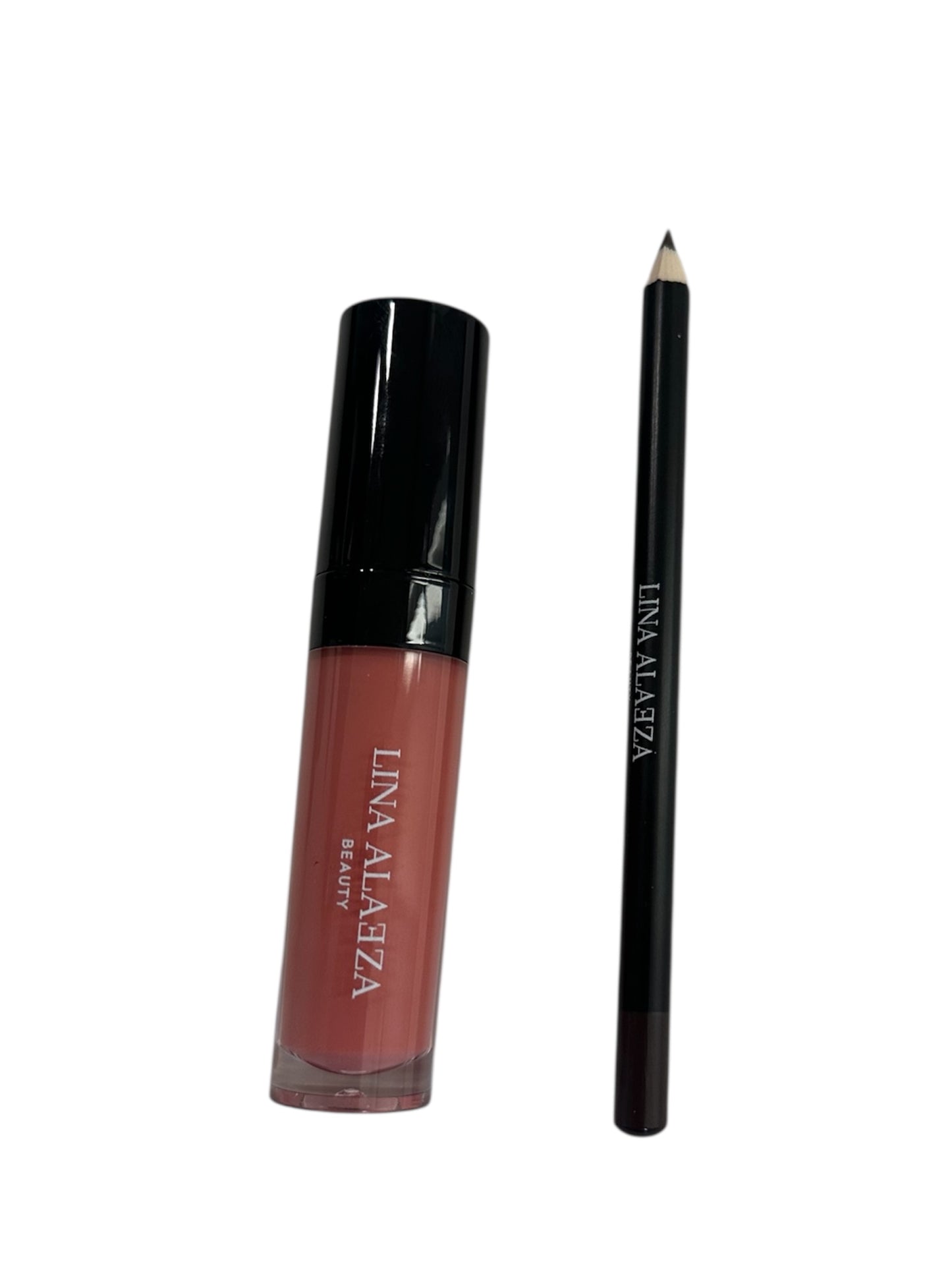 " Pink Alibi lip liner and gloss set on white background"